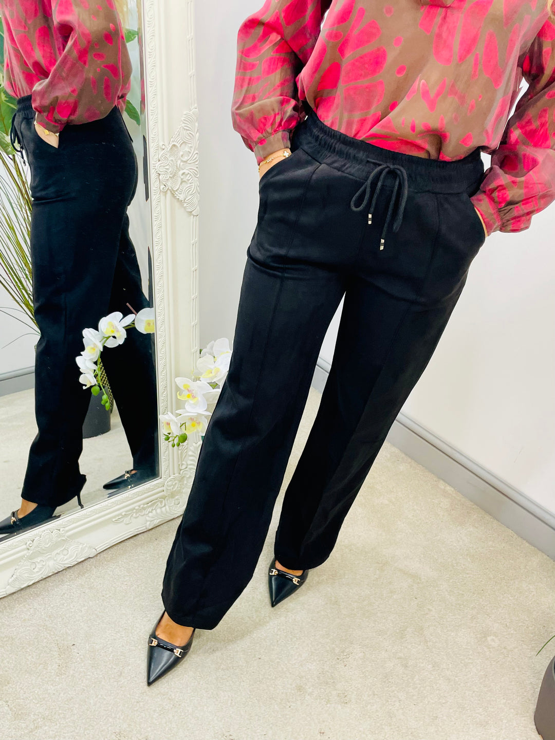 LADIES FAUX SUEDE STRAIGHT LEG TROUSERS - BROWN, CAMEL & BLACK