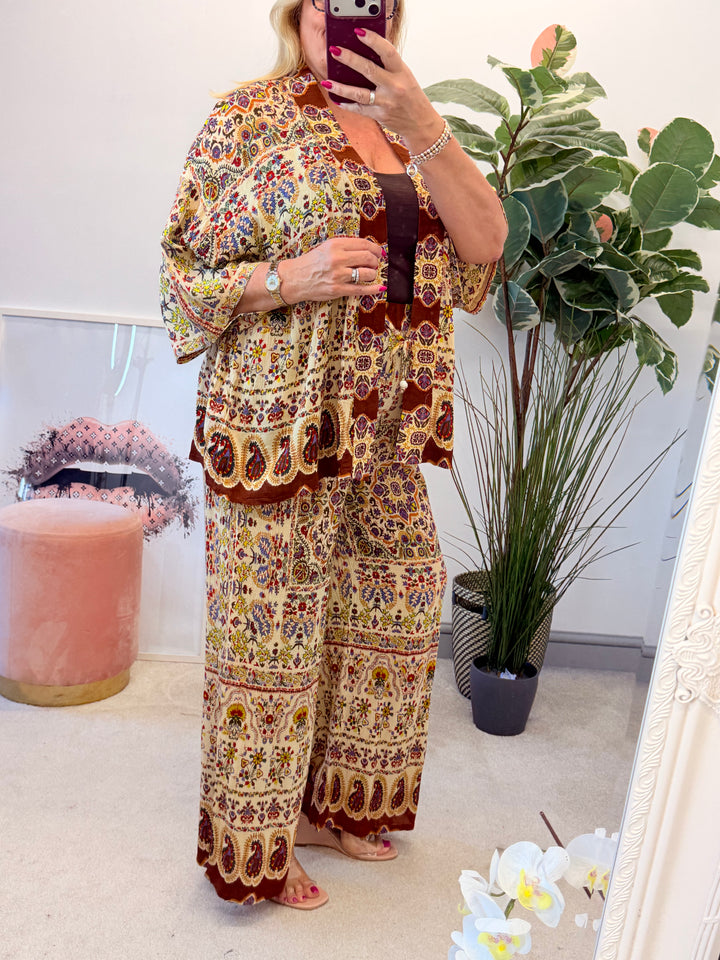 Ladies Moroccan Print Wide Leg Trouser Kimono Jacket Co Ord Set