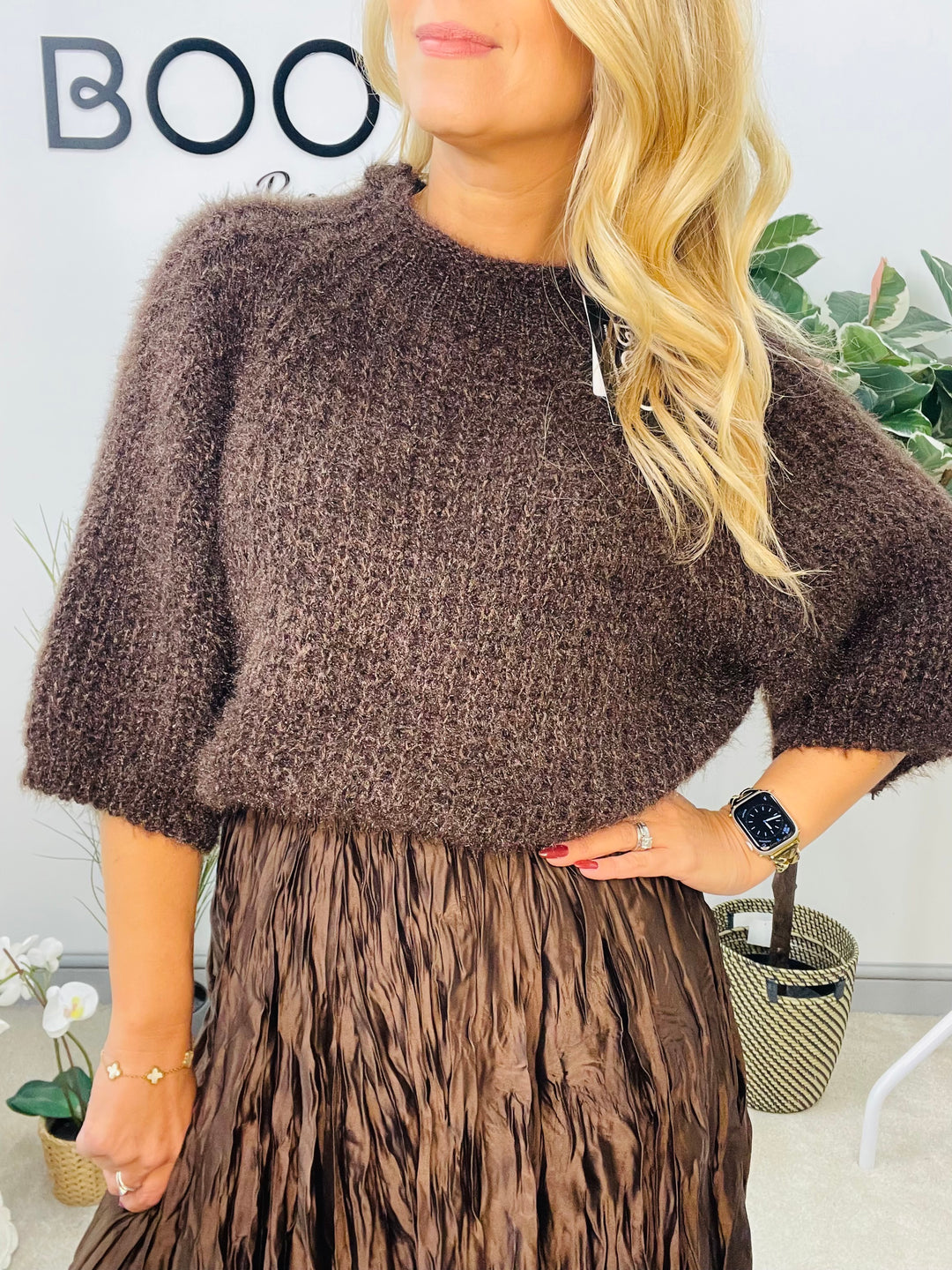 LADIES FLUFFY SHORT SLEEVE JUMPER - BROWN, BLACK, BEIGE, BLUE, BURGUNDY, MOCHA