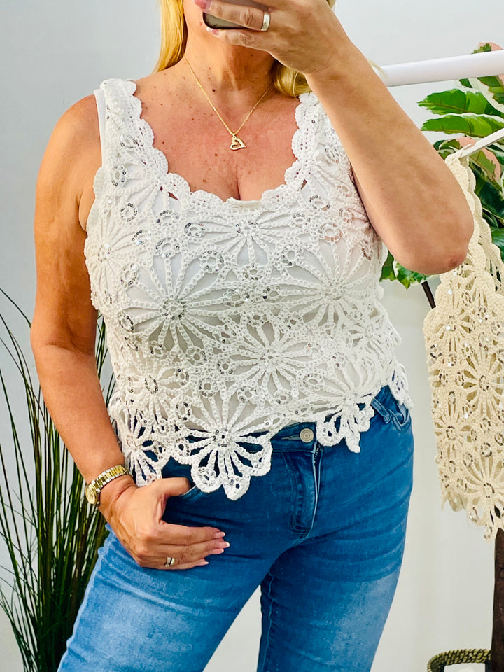 WOMENS CROCHET SEQUIN SUMMER TOP - WHITE & BEIGE