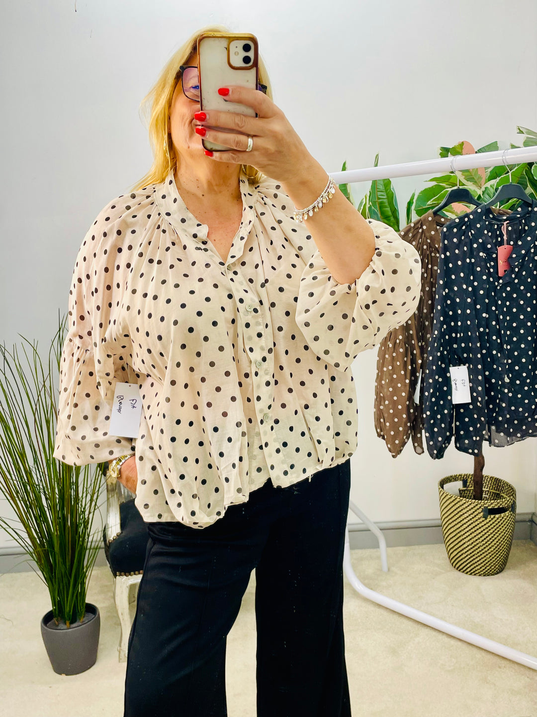 LADIES POLKA DOT LOOSE FIT BLOUSE TOP - BEIGE, BLACK & BROWN