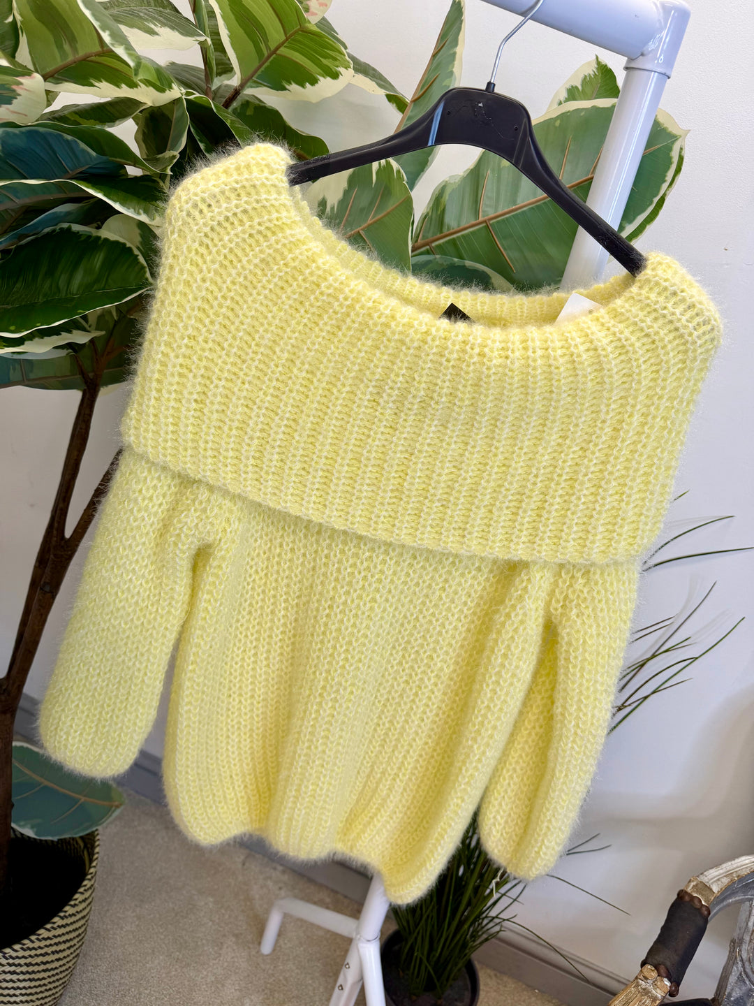 LADIES FLUFFY KNIT BARDOT JUMPER - MINT, BLACK, CREAM, PINK, LEMON & MOCHA