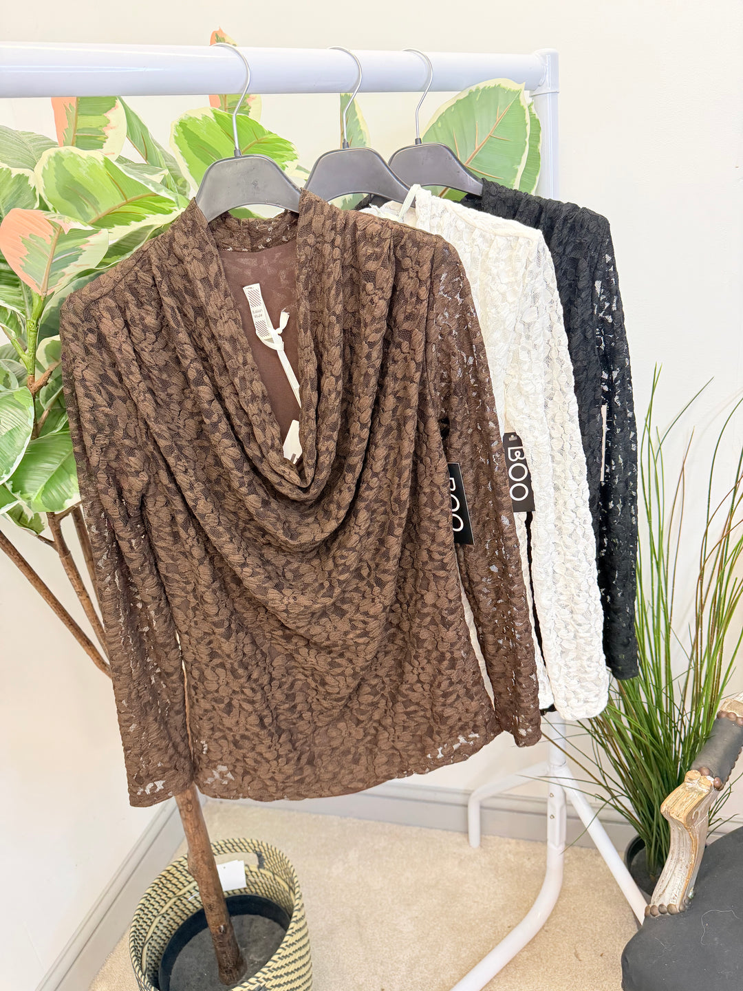 LADIES LACY COWL NECK LONG SLEEVE TOP - BLACK, WHITE & BROWN