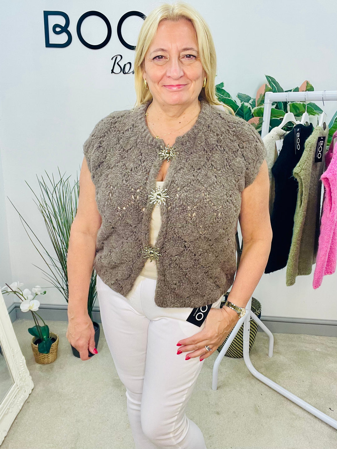LADIES KNITTED FASHION WAISTCOAT - BLACK, CREAM, KHAKI, MOCHA & PINK