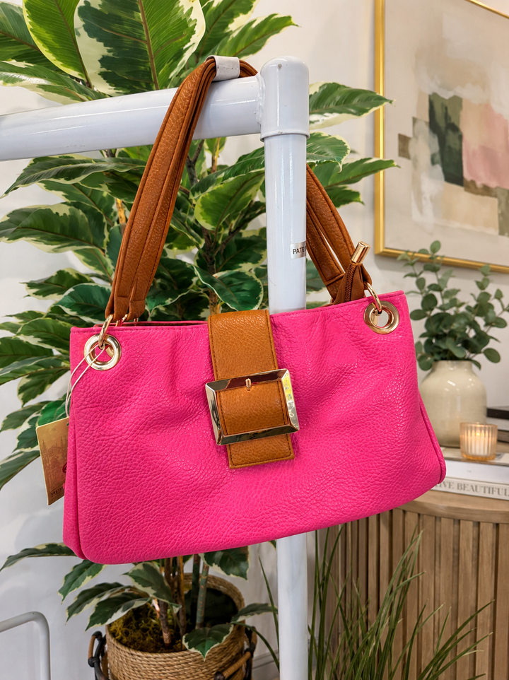 Ladies Faux Leather Contrast Handbag - Fuschia Pink, Lime, White