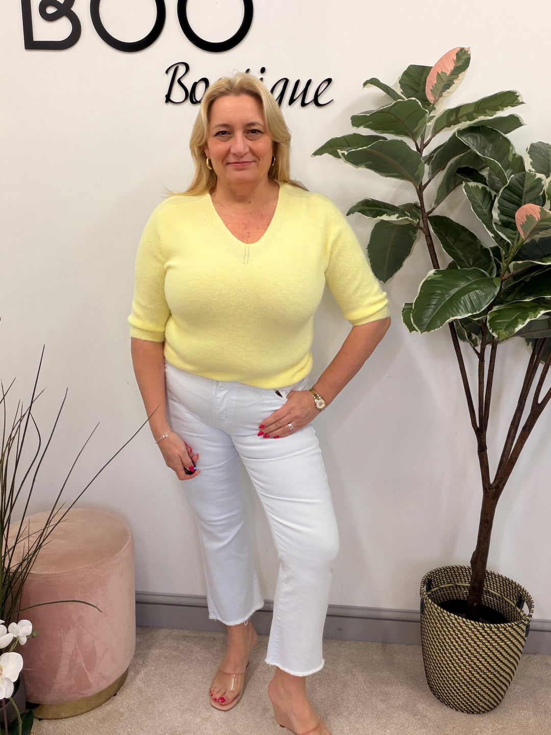 Ladies Fashion Soft Knit Short Sleeve Jumper Top lemon yellow