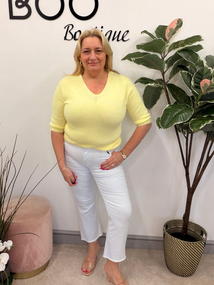 Ladies Fashion Soft Knit Short Sleeve Jumper Top lemon yellow