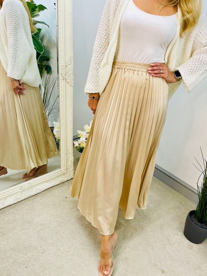 LADIES SATIN PLEATED MAXI SKIRT - BLACK, BURGUNDY, BROWN & CHAMPAGNE