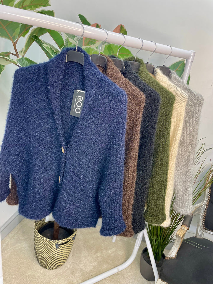 LADIES FLUFFY KNIT CARDIGAN - KHAKI, NAVY, GREY, BLACK, BEIGE, BROWN