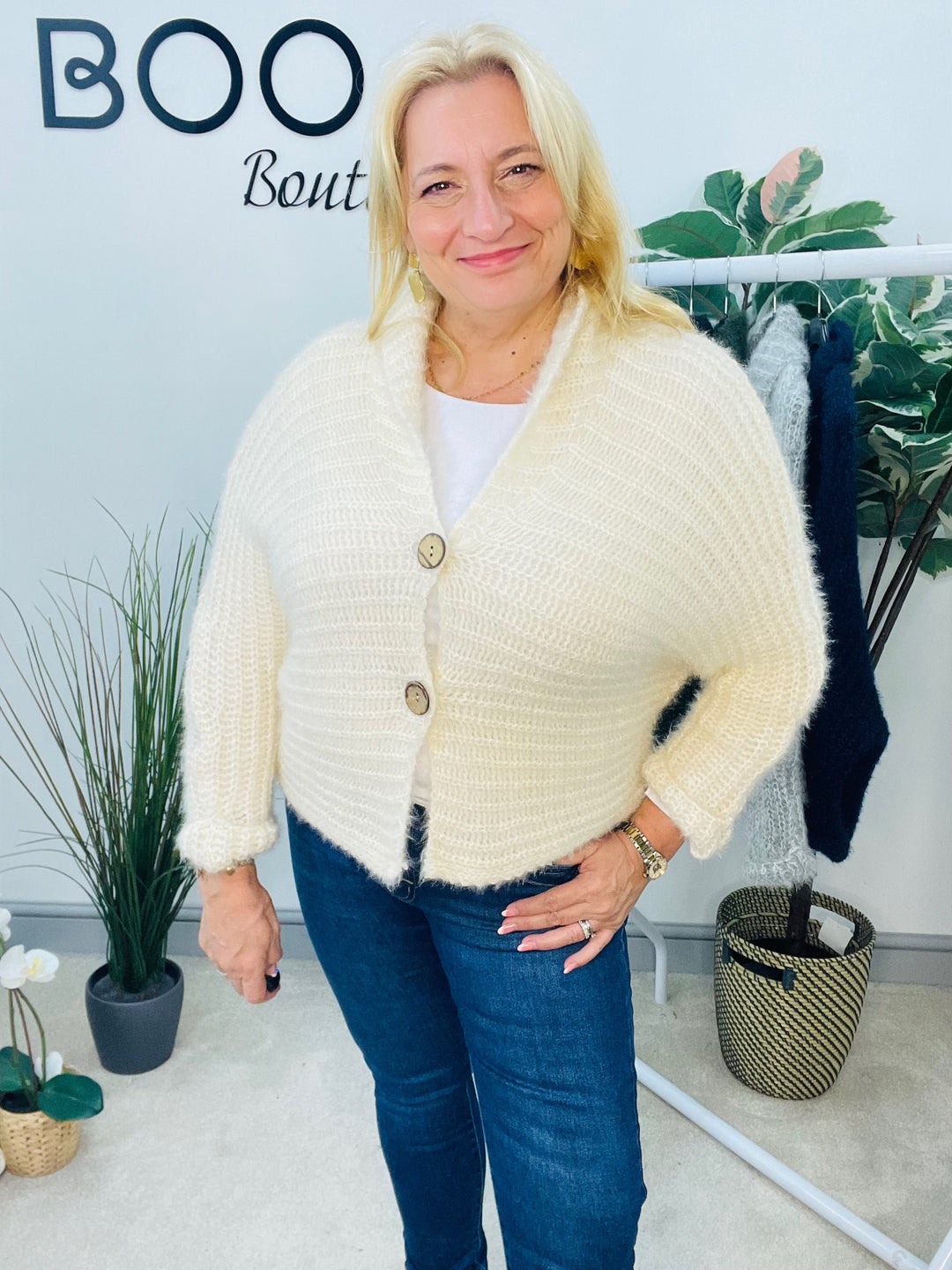 LADIES FLUFFY KNIT CARDIGAN - KHAKI, NAVY, GREY, BLACK, BEIGE, BROWN