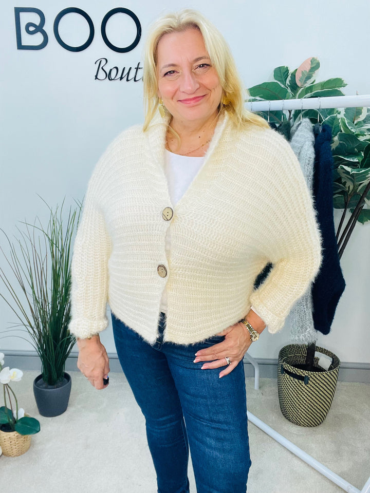 LADIES FLUFFY KNIT CARDIGAN - KHAKI, NAVY, GREY, BLACK, BEIGE, BROWN