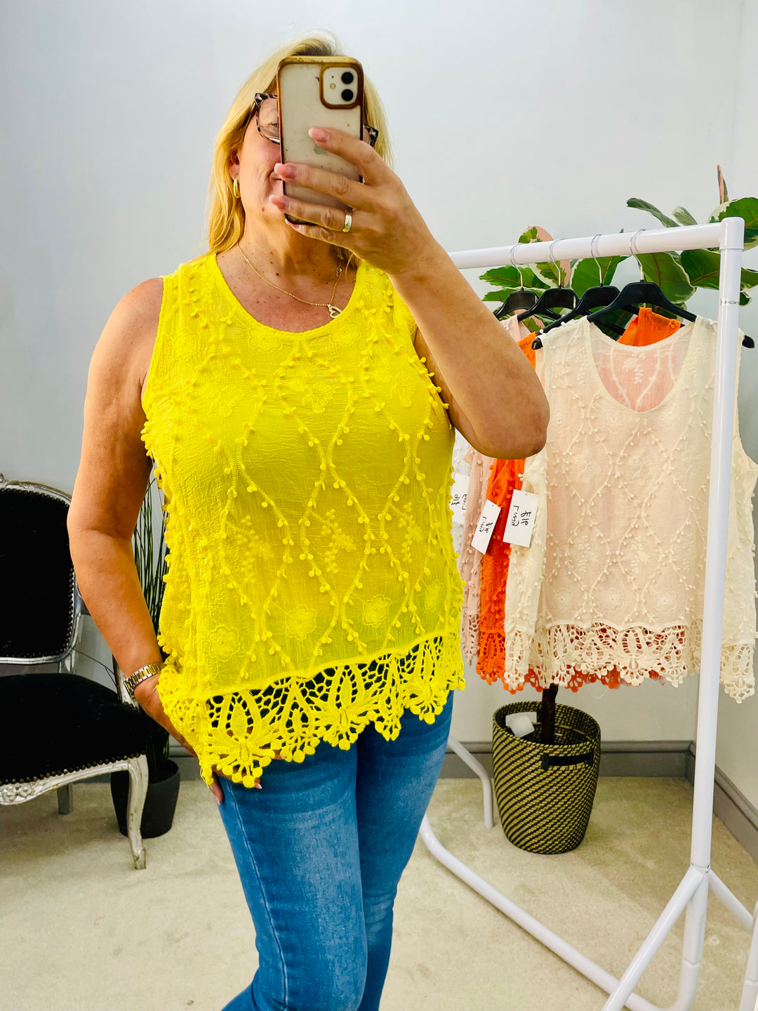 LADIES PRETTY CROCHET SUMMER SLEEVELESS TOP - WHITE, BEIGE, PINK, ORANGE, YELLOW, FUSCHIA