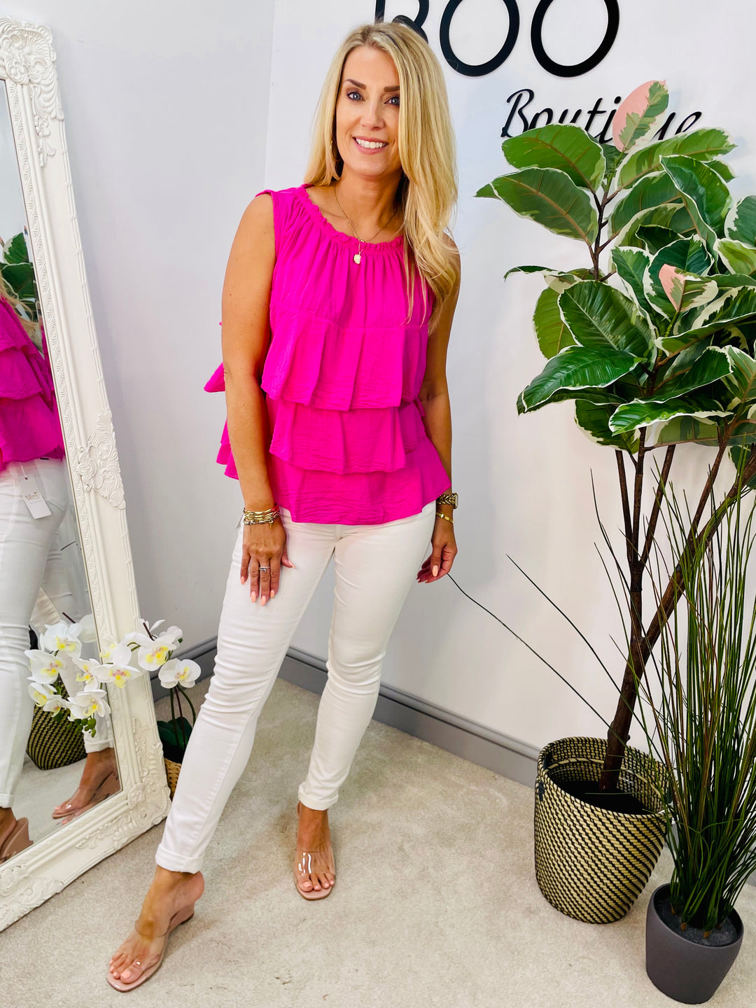 LADIES COTTON FRILL SUMMER TOP BLOUSE - WHITE, KHAKI, PINK & BEIGE