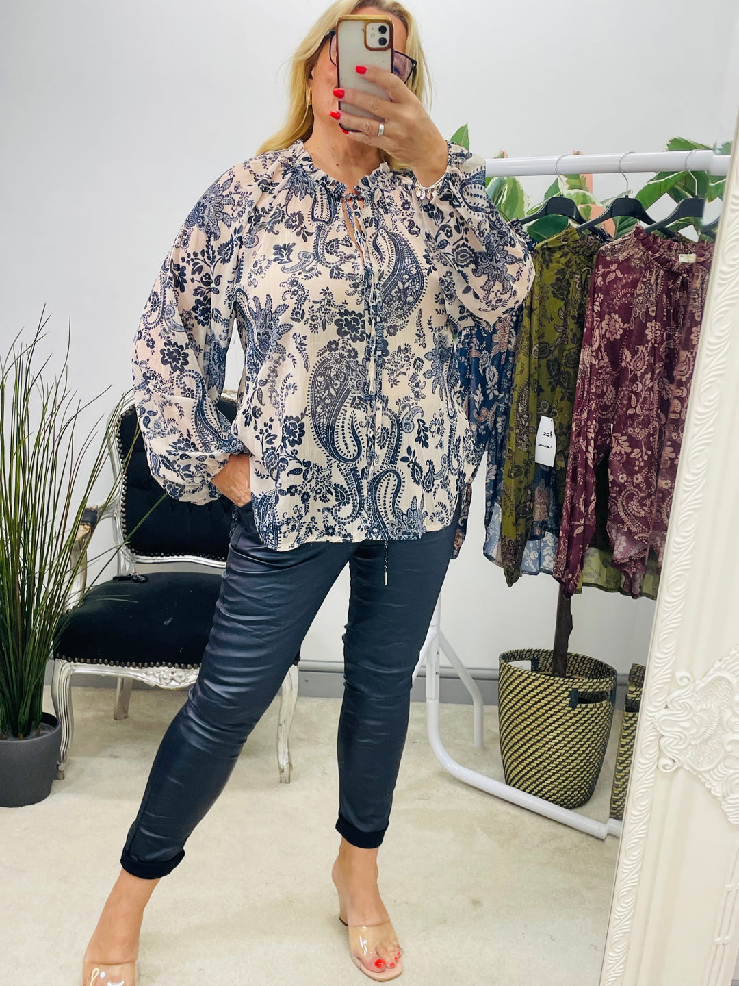 Ladies cream and navy chiffon top 