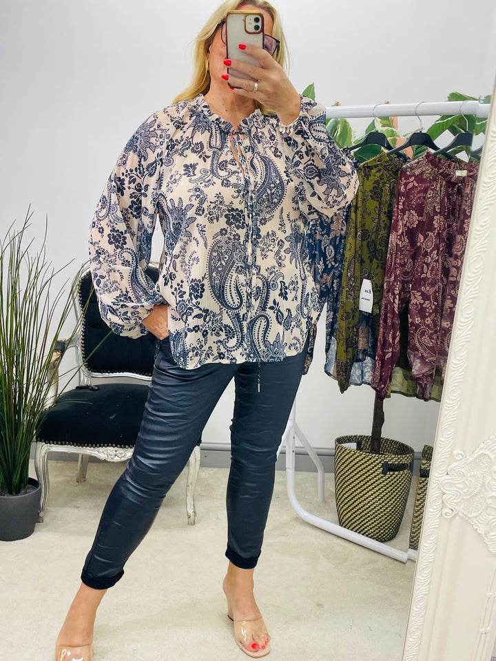 Ladies cream and navy chiffon top 