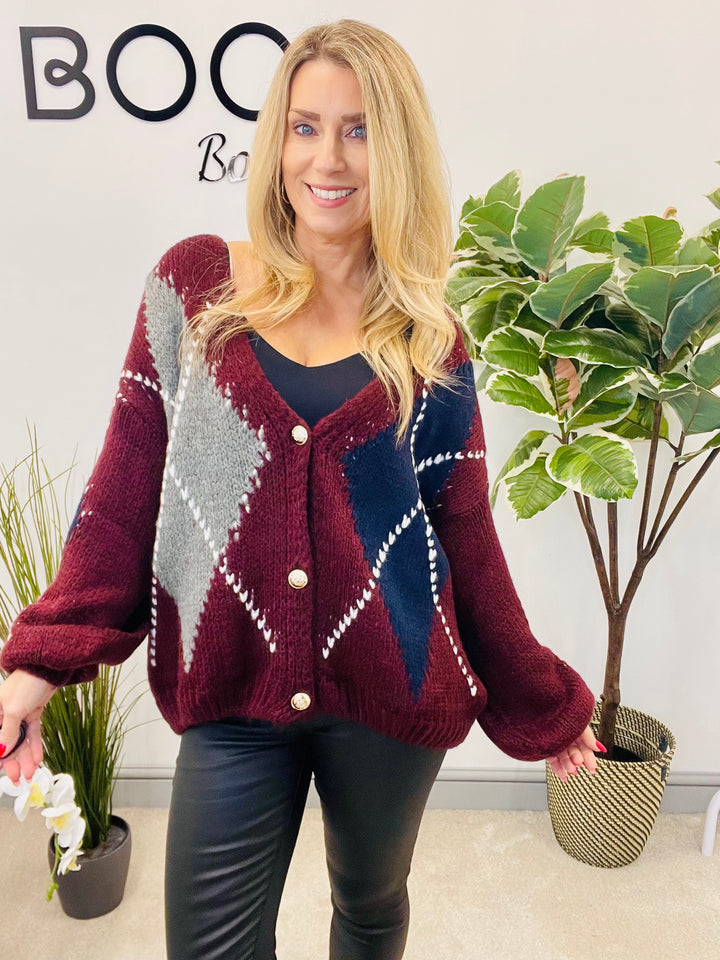 LADIES ARGYLE KNIT OVERSIZE CARDIGAN - BERRY, BEIGE, BROWN, MOCHA