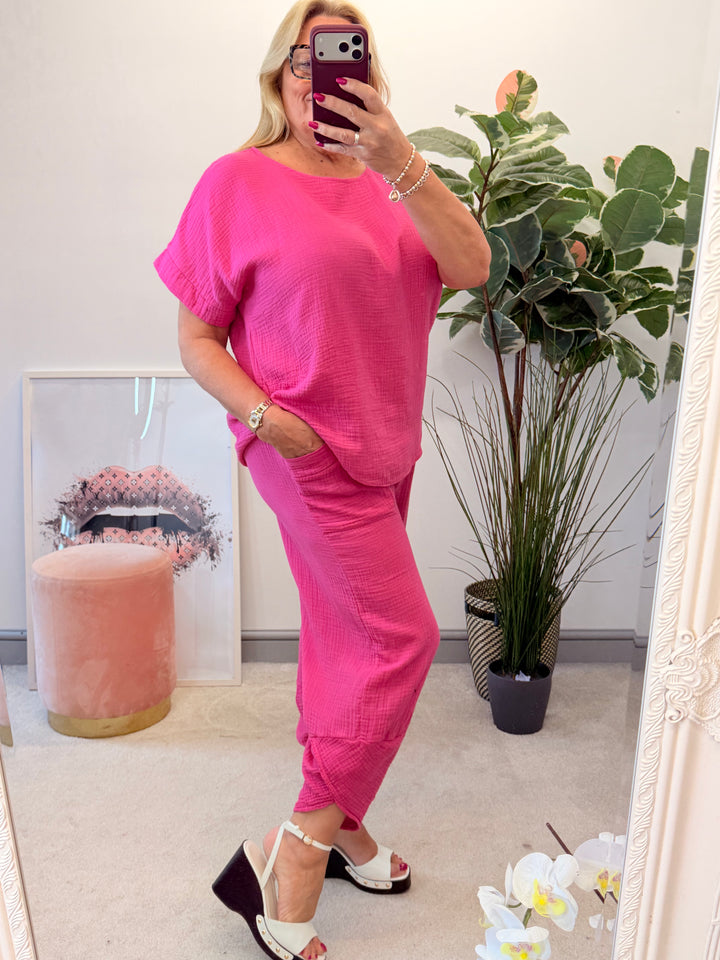 Ladies Cheesecloth Harem Trouser Co Ord - Black, Lemon, Coral, Pink, Blue, Khaki, Beige & Brown