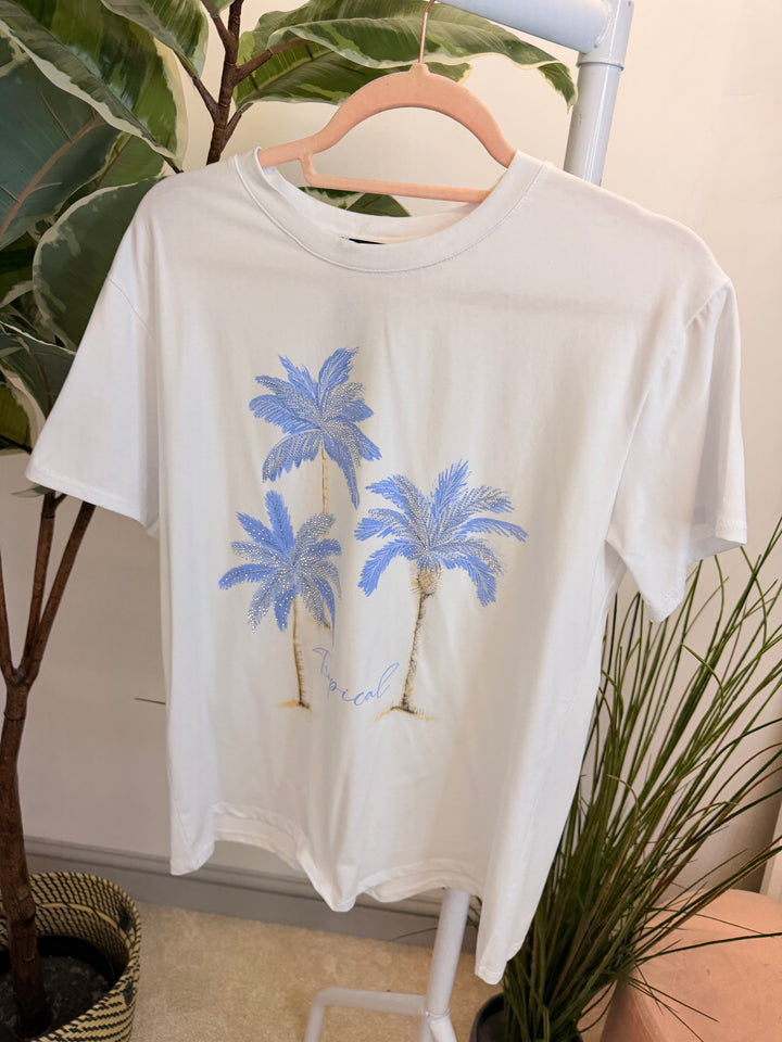 Ladies White Sparkly Tropical Print T Shirt - Navy, Blue, Pink, Khaki & Beige