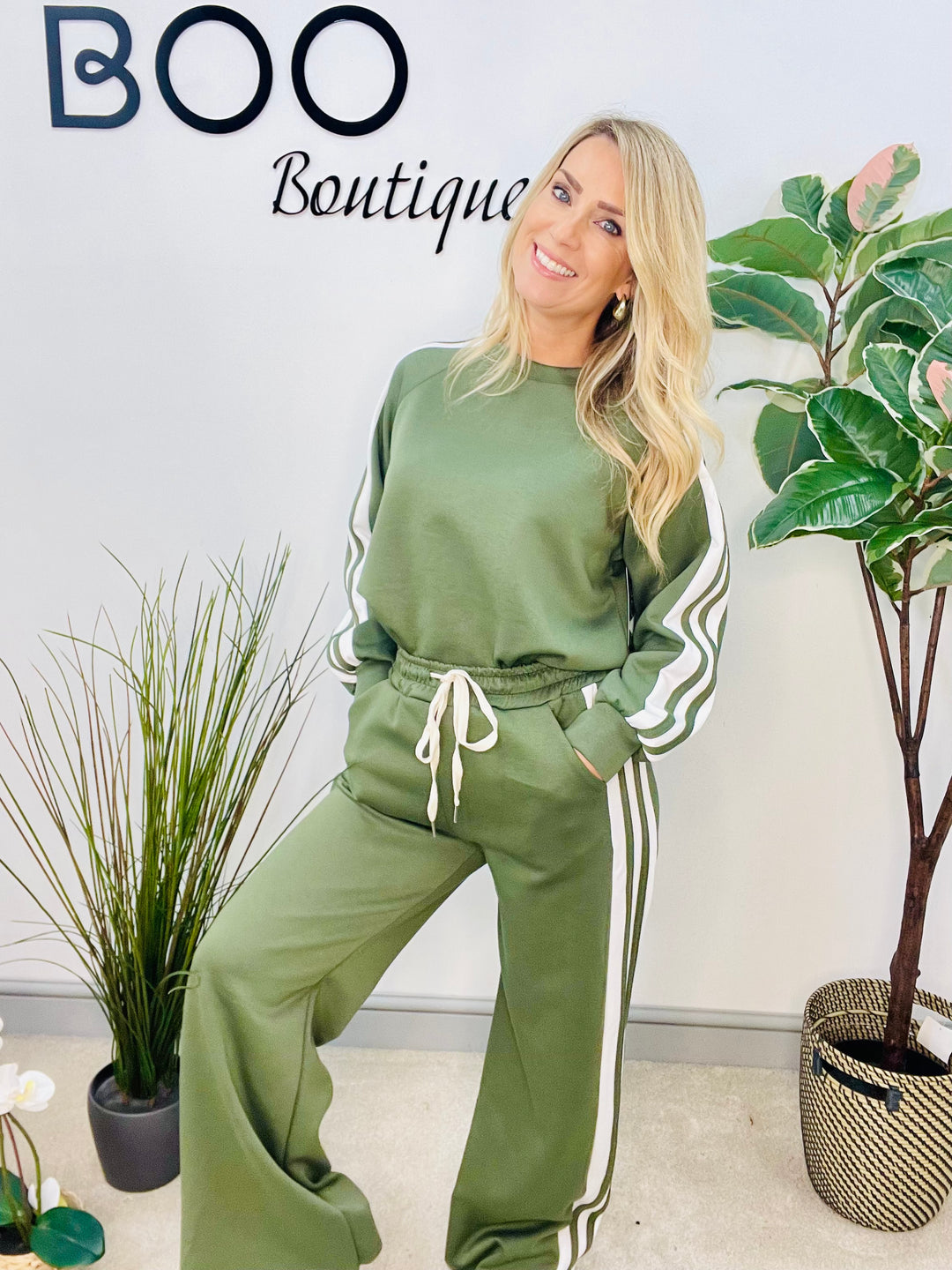 LADIES SPORTS LUXE STRIPE TROUSER CO ORD SET - BLACK, NAVY, KHAKI, MOCHA, BROWN