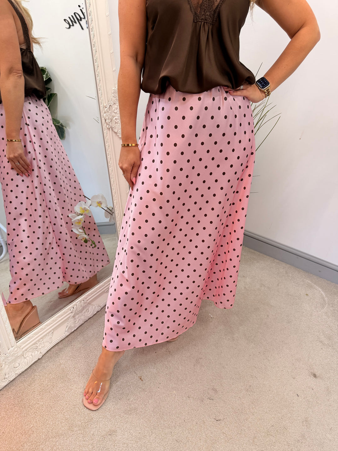 Ladies Satin Polka Dot Maxi Skirt - Black, White, Lemon, Blue & Pink