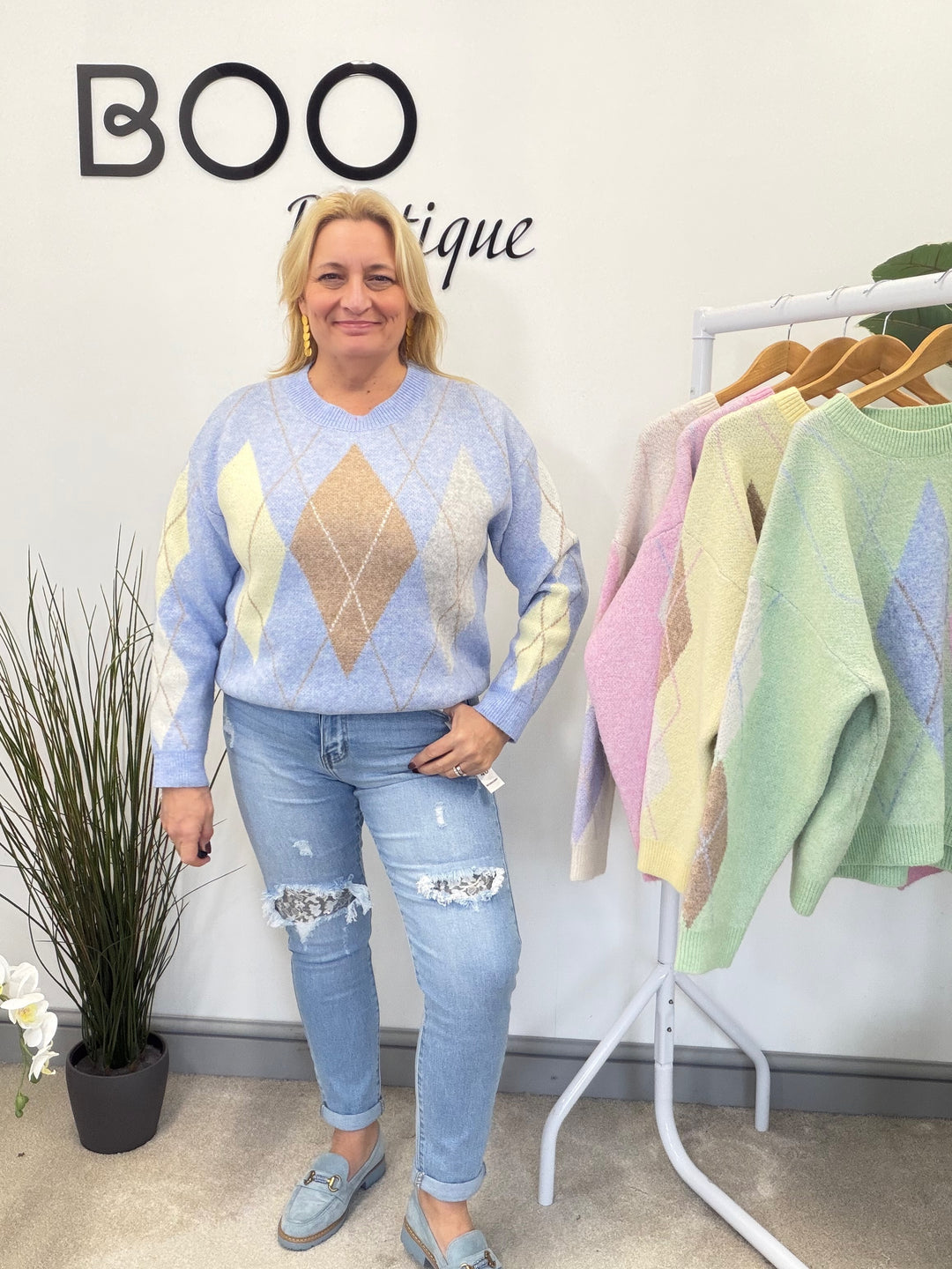 LADIES SOFT KNIT ARGYLE JUMPER - PINK, LEMON, BLUE, MINT & CREAM