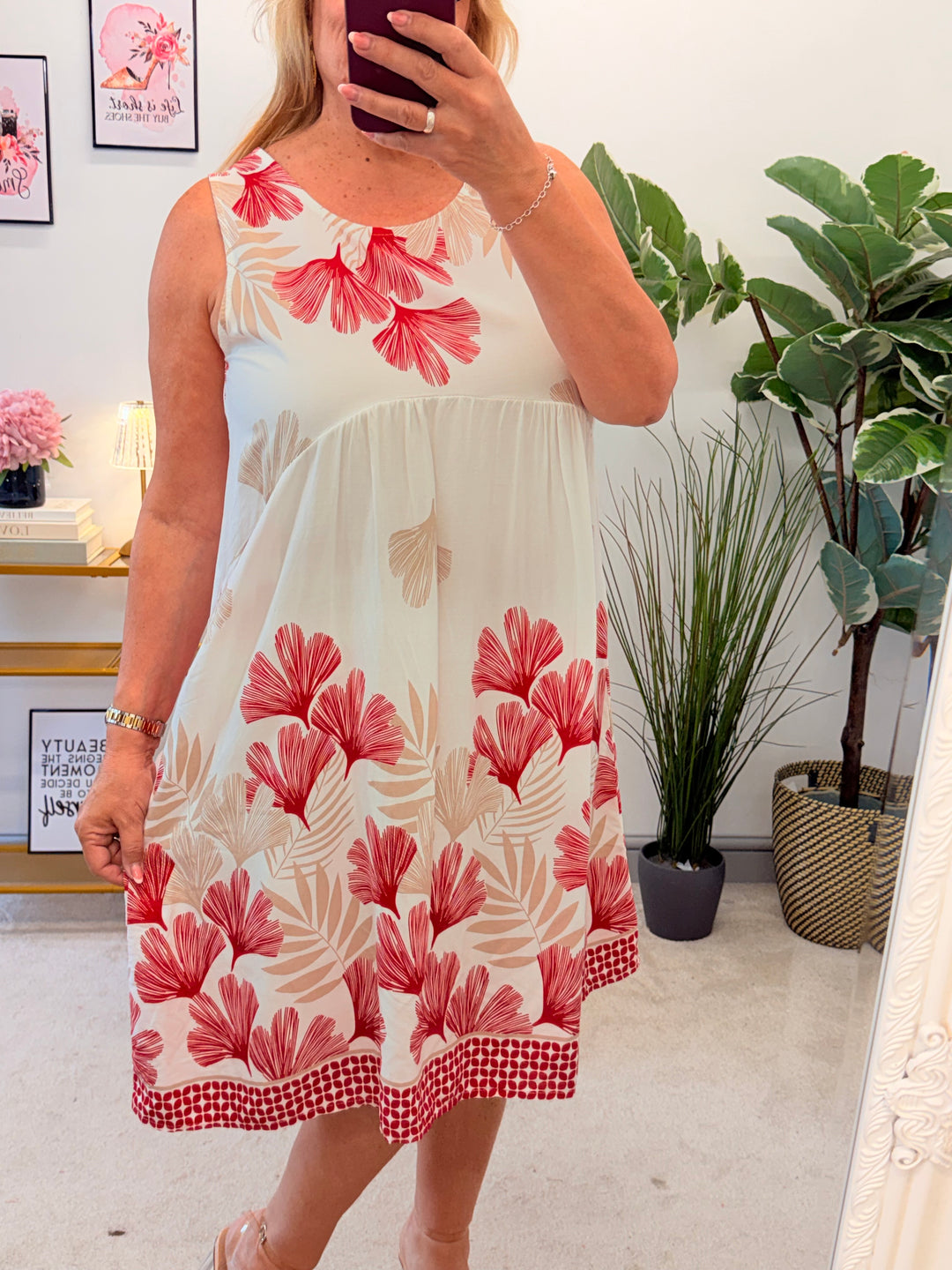 Ladies White Summer Sleeveless Sun Dress - Red, Blue, Khaki, Brown 