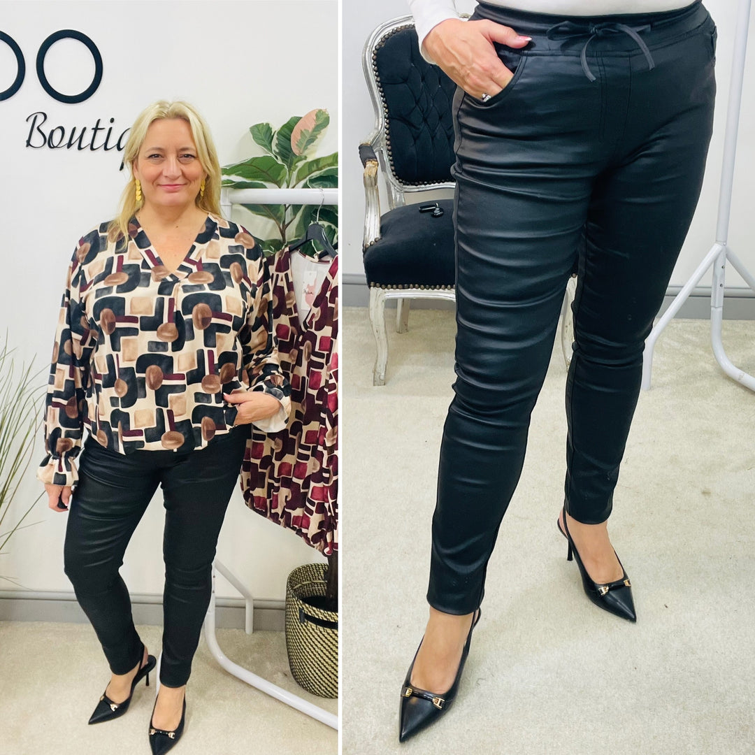 LADIES BLACK WAXY SHINY JOGGY JEANS