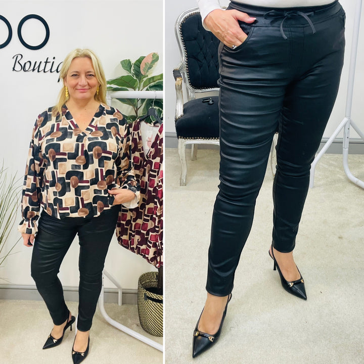 LADIES BLACK WAXY SHINY JOGGY JEANS