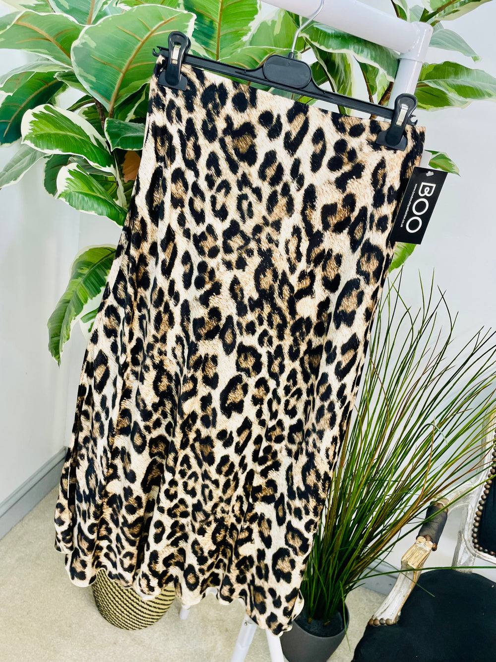 LADIES LEOPARD PRINT SATIN MIDI SKIRT