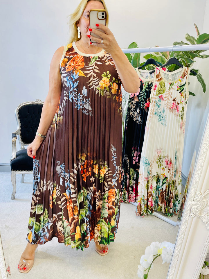 LADIES SATIN PLEATED SUMMER MAXI DRESS - BROWN, CREAM, BLACK