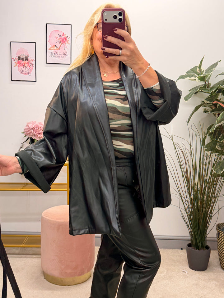 Womens fashion kimono faux leather wrap jacket - plum, black & brown