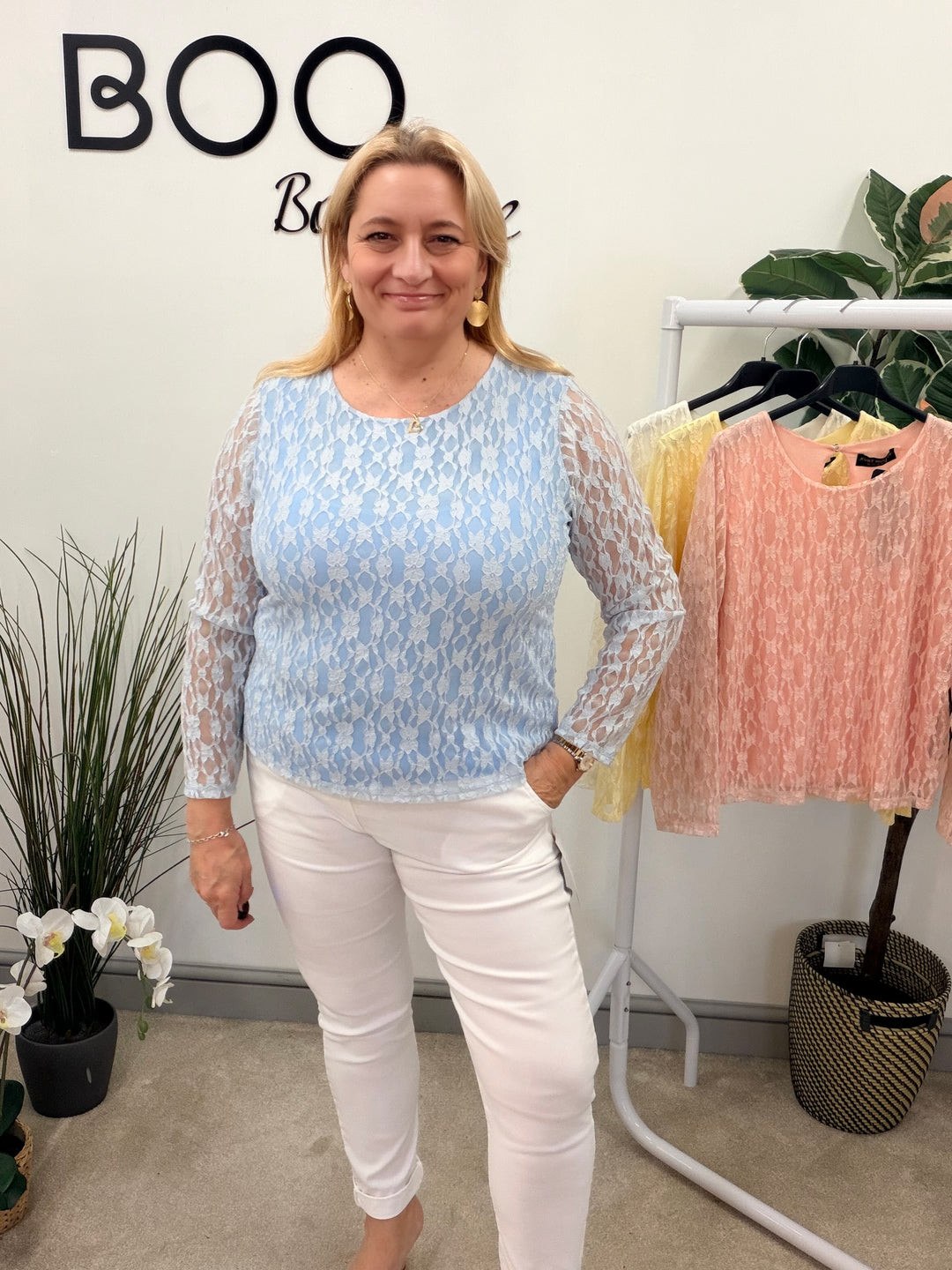 LADIES FASHION LACY LONG SLEEVE TOP - LEMON, WHITE, BLUE & PINK
