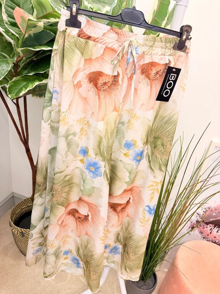 Ladies Satin Flower Print Wide Leg Trousers - Rust, Khaki, Pale Blue, Navy & Black