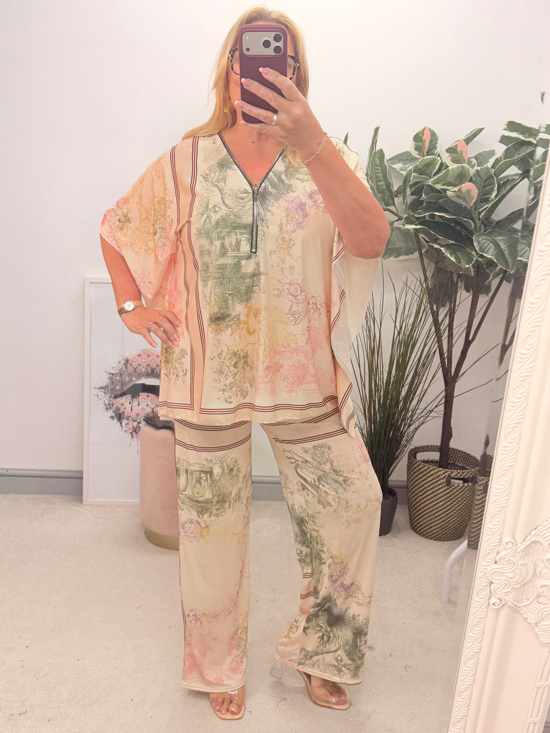 Ladies Cream & Khaki Wide Leg Trouser Co Ord Set