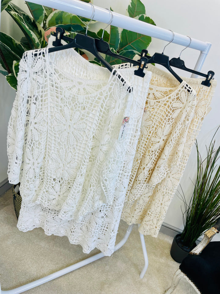 LADIES CROCHET SUMMER HOLIDAY SKIRT & TOP CO ORD SET - WHITE & BEIGE