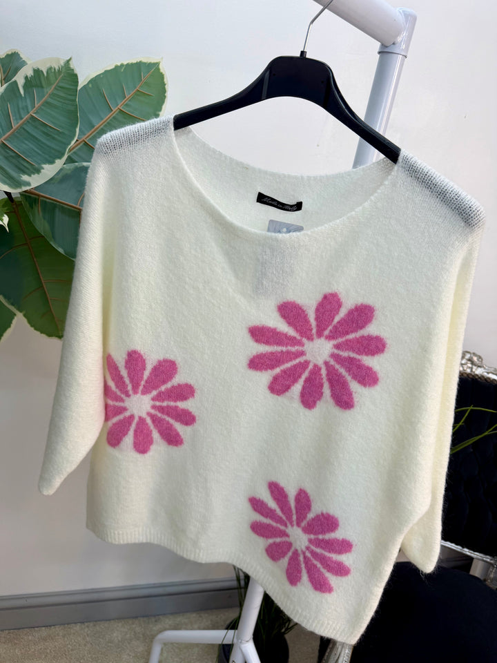 Ladies Fashion Daisy Short Sleeve Jumper - lemon, blue, white & pink