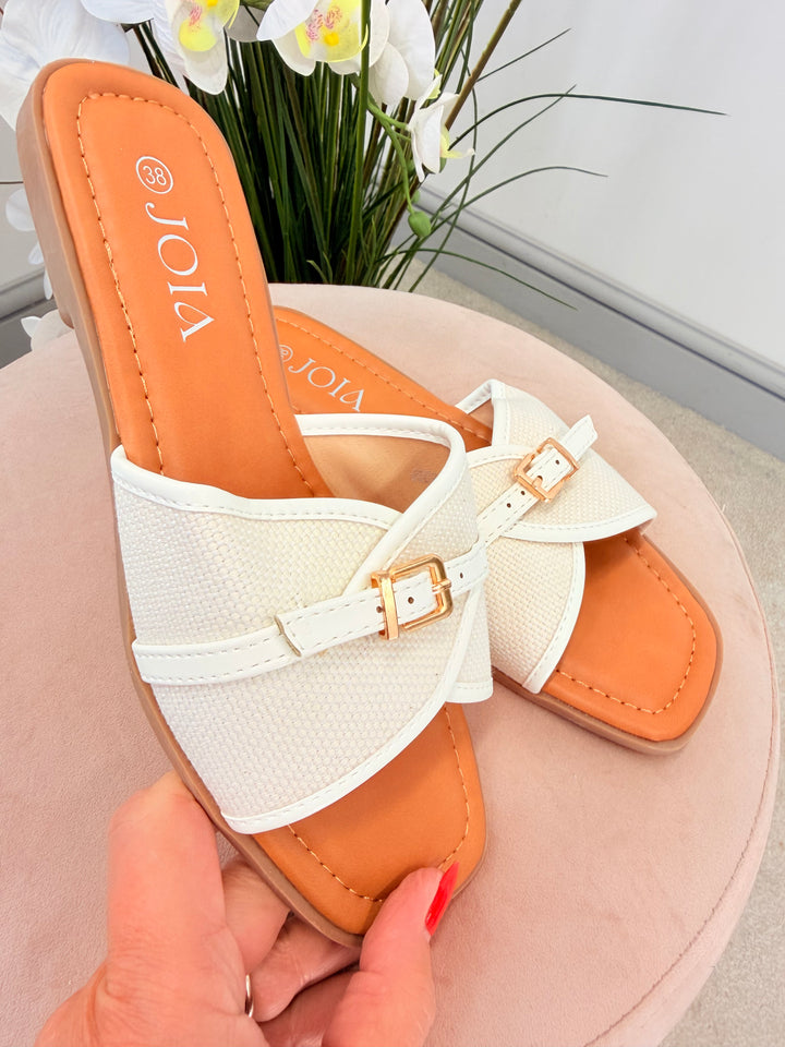 Ladies Fashion White Hessian Buckle Slider Sandals