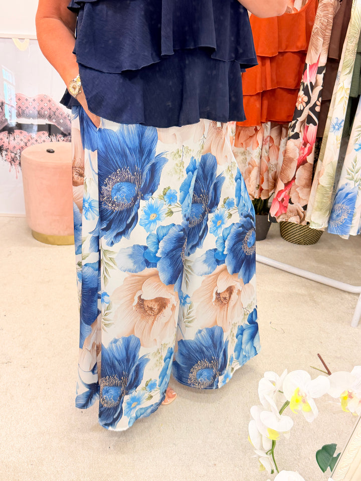 Ladies Satin Flower Print Wide Leg Trousers - Rust, Khaki, Pale Blue, Navy & Black