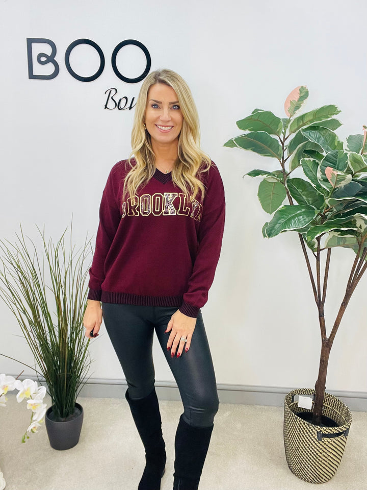 LADIES DIAMANTE SOFT KNIT JUMPER - BURGUNDY, BROWN, BLACK & BEIGE