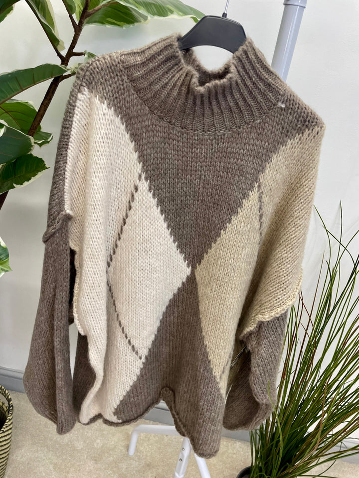 LADIES ARGYLE KNIT OVERSIZE JUMPER - CREAMS, BROWN, BEIGE