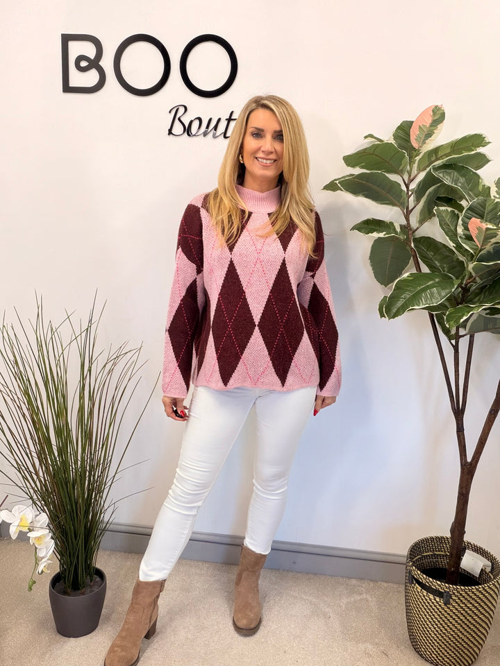 LADIES FASHION ARGYLE KNIT JUMPER - BERRY, PINK, GREY, PURPLE