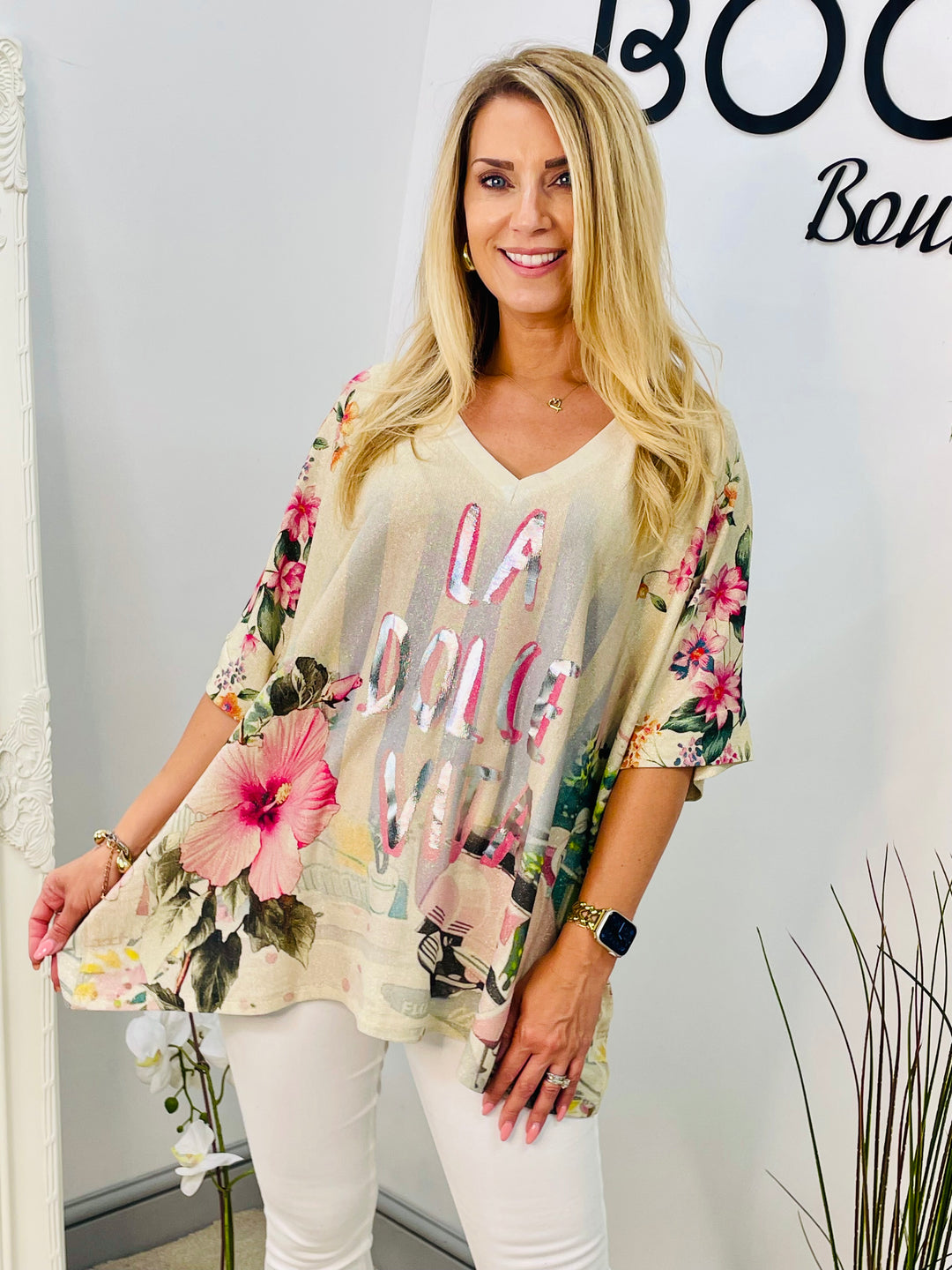 LADIES LUREX OVERSIZE LOOSE FIT PRINT SUMMER TOP
