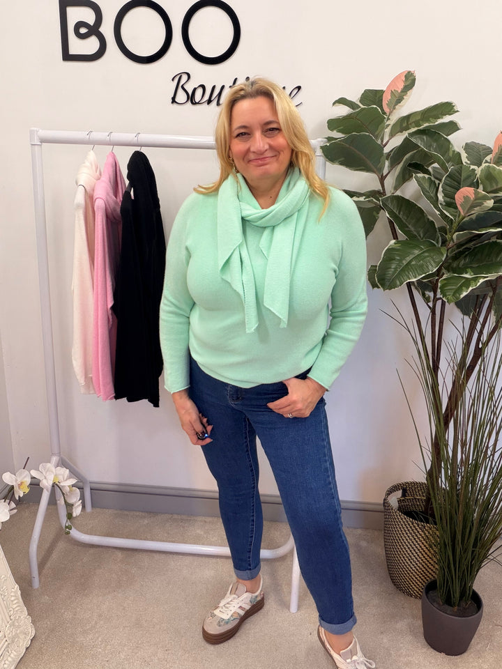 LADIES KNITTED JUMPER & SCARF SET - PINK, BLACK, WHITE & MINT