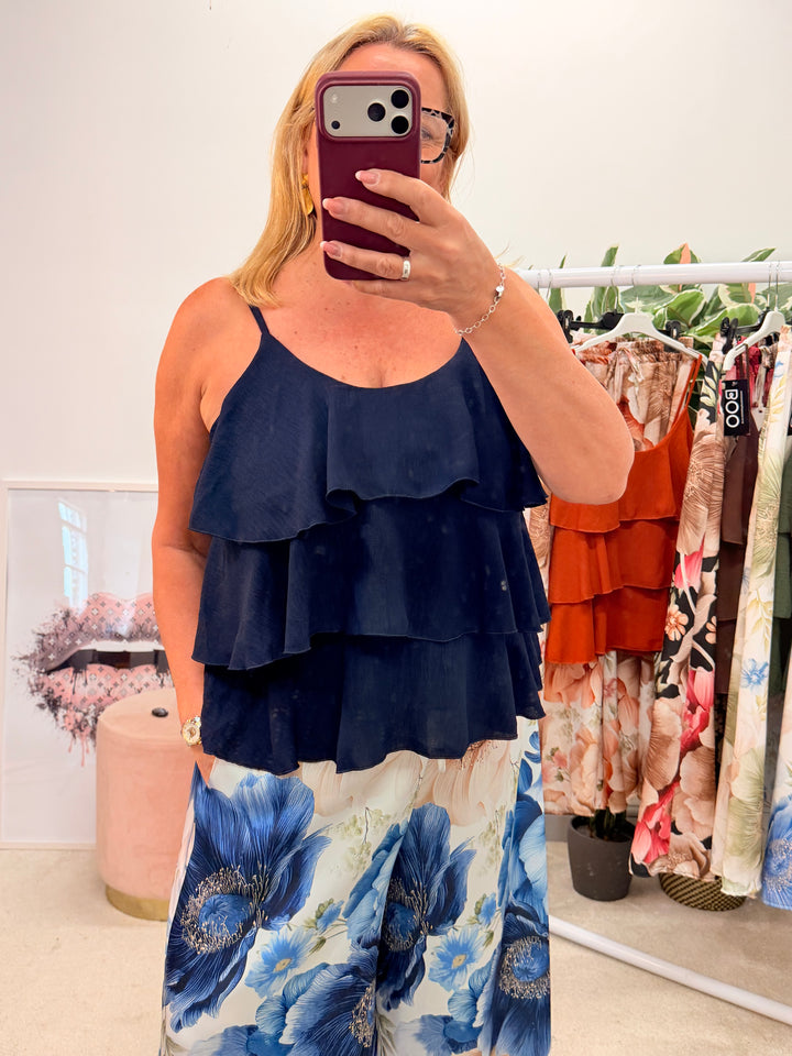 Ladies Frill Strappy Cami Top - Rust, Brown, Pale Blue, Khaki & Navy