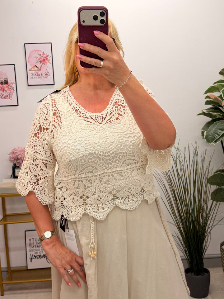 Ladies Fashion Crochet Summer Bolero Top - White & Beige