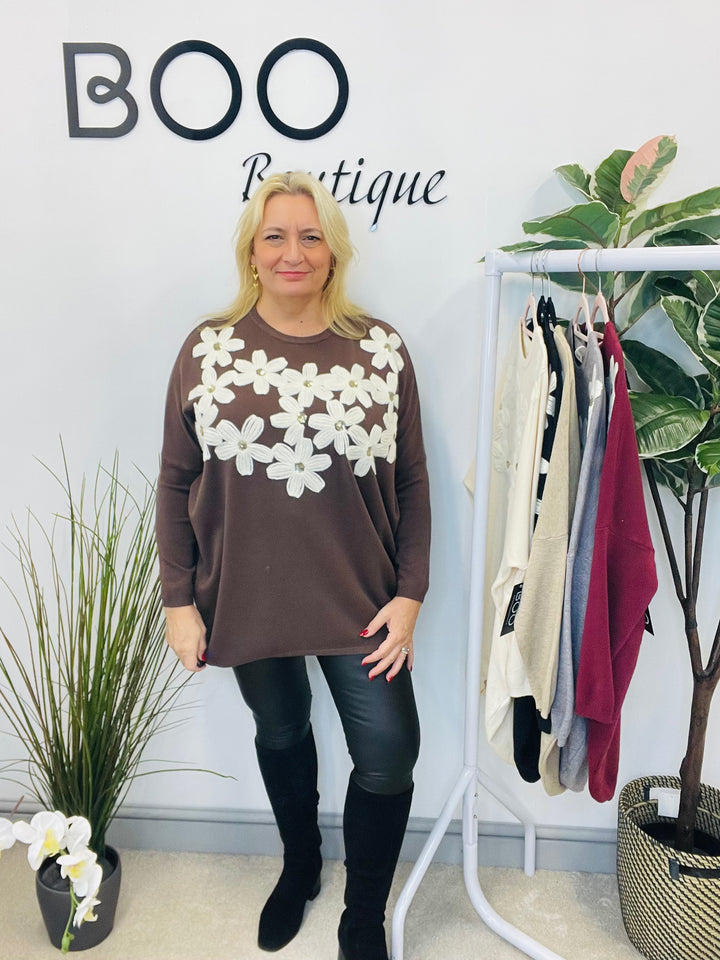 LADIES EMBROIDERED OVERSIZE LOOSE FIT JUMPER CHOCOLATE BROWN