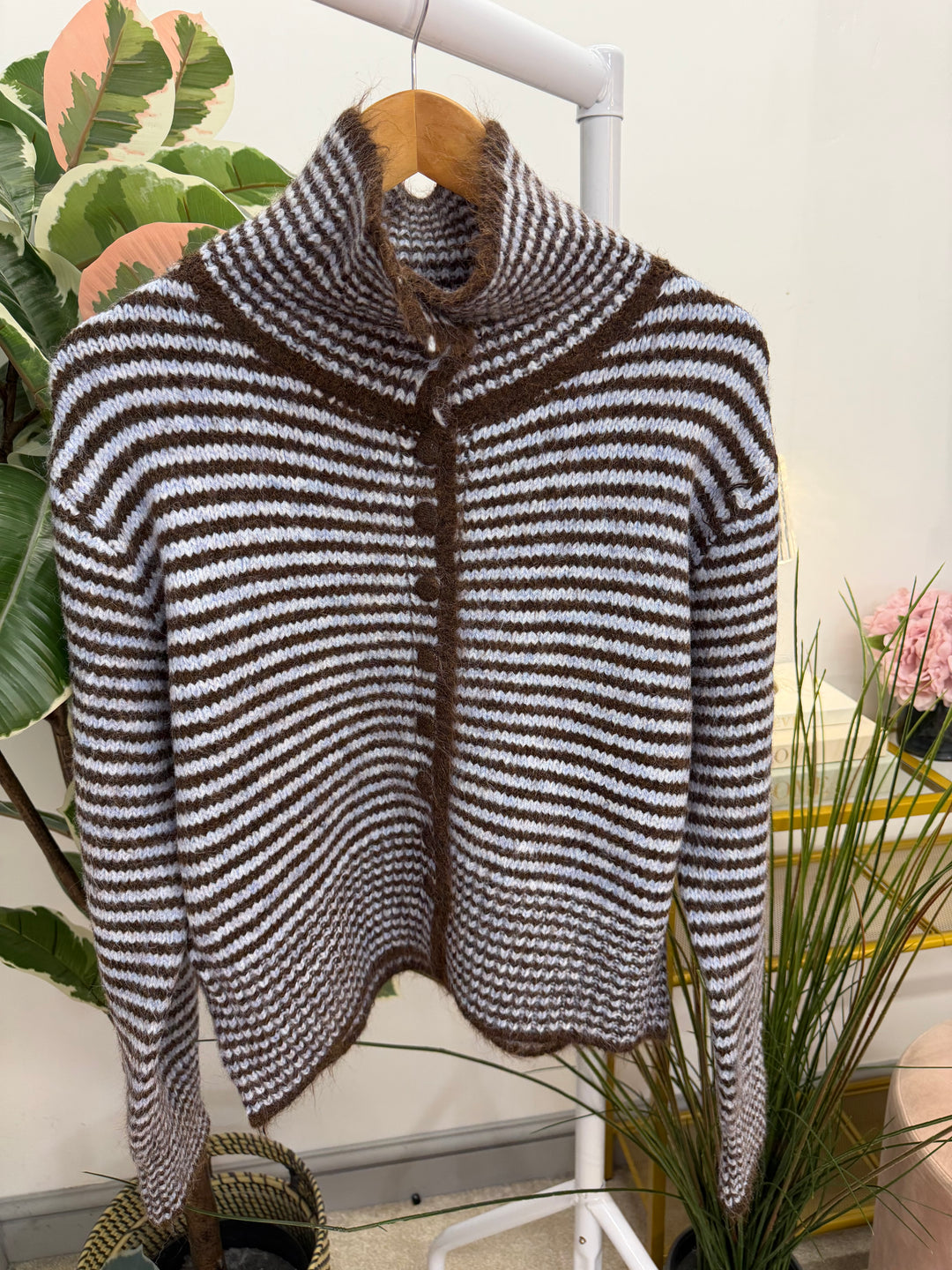 Womens Soft Knit Blue Brown Stripe High Neck Cardigan Jumper