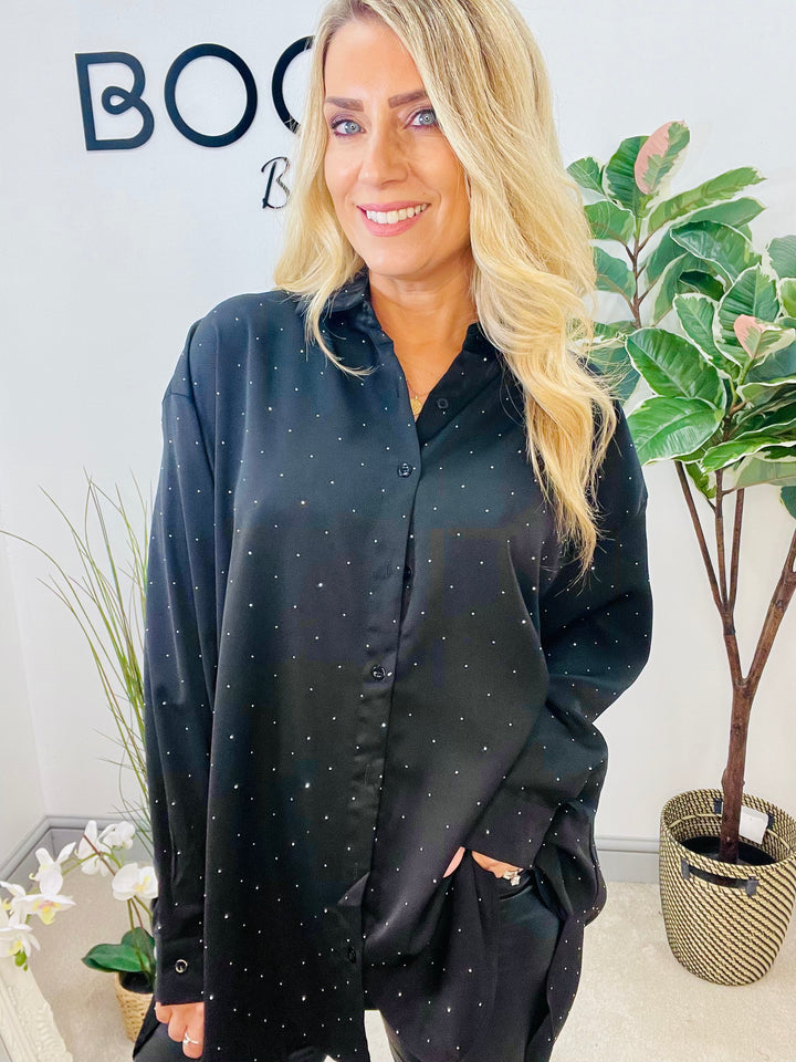 LADIES BLACK LOOSE FIT SPARKLY STUD SHIRT BLOUSE