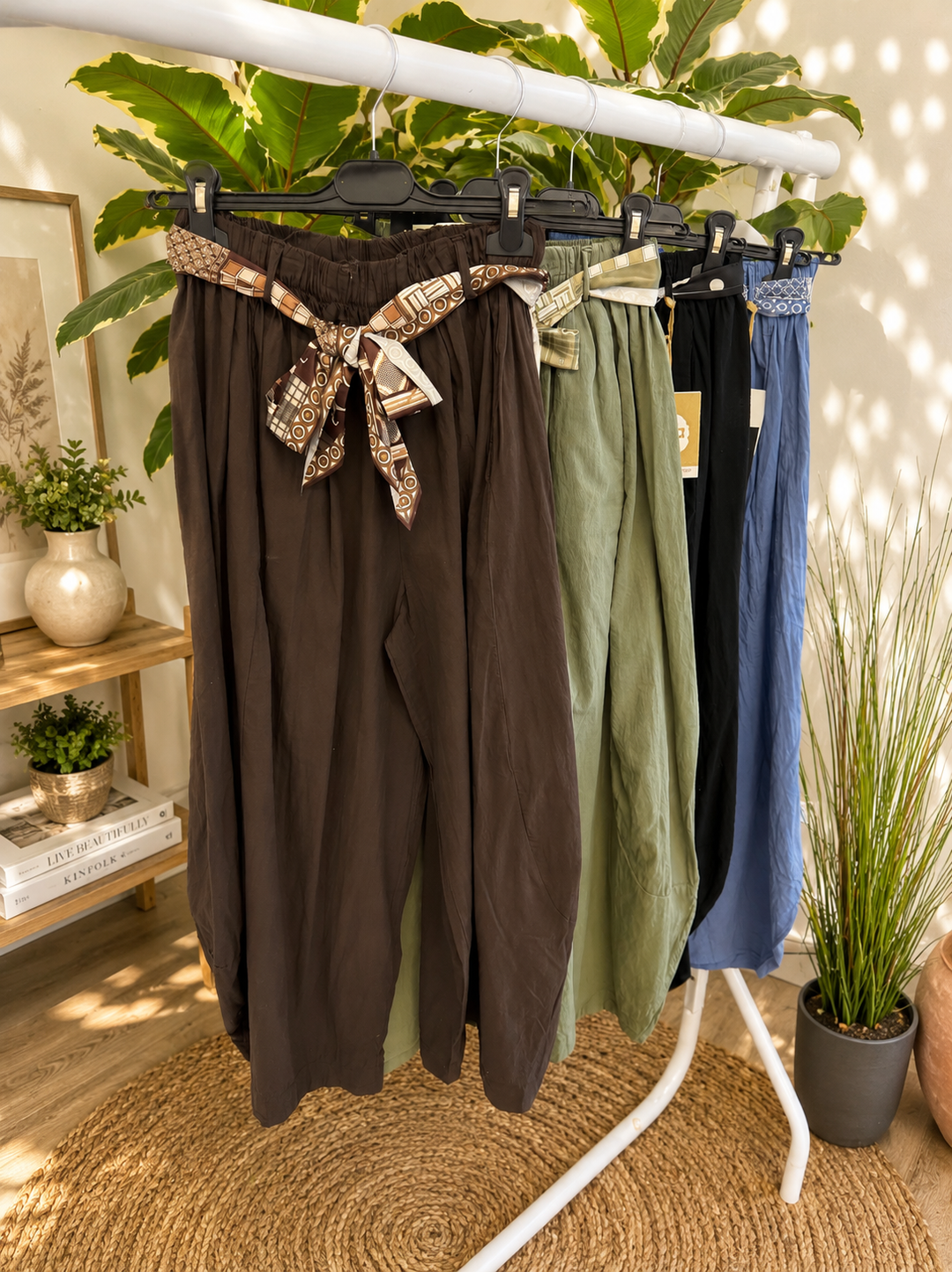 Ladies Cotton Barrel Leg Trousers - Brown, Black, Khaki & Denim Blue