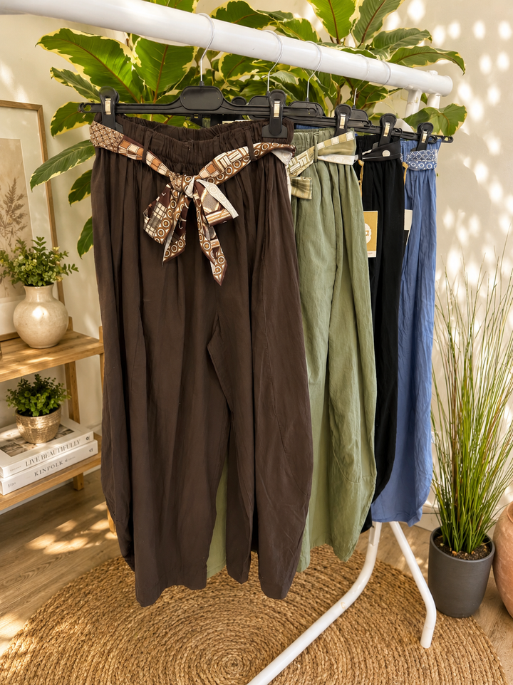 Ladies Cotton Barrel Leg Trousers - Brown, Black, Khaki & Denim Blue